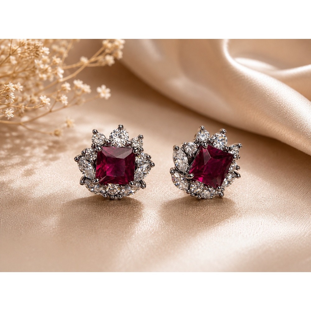 Bomb Party Ruby Red Princess Cut Halo Stud Earrings Gunmetal Tone‎ Clear Accents